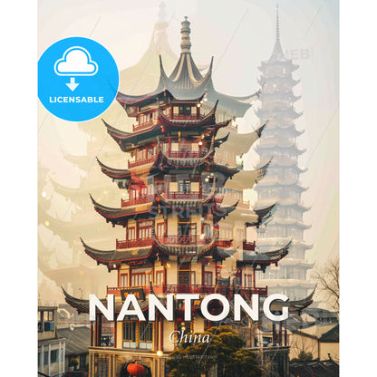 Nantong China Skyline Icon Double Exposure Poster - A tall building with many pagodas with Yu Garden in the background - Square format print template