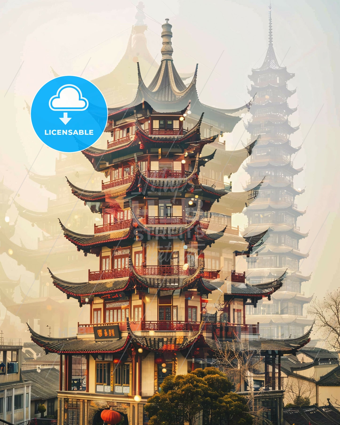 Nantong China Skyline Icon Double Exposure Poster - A tall building with many pagodas with Yu Garden in the background