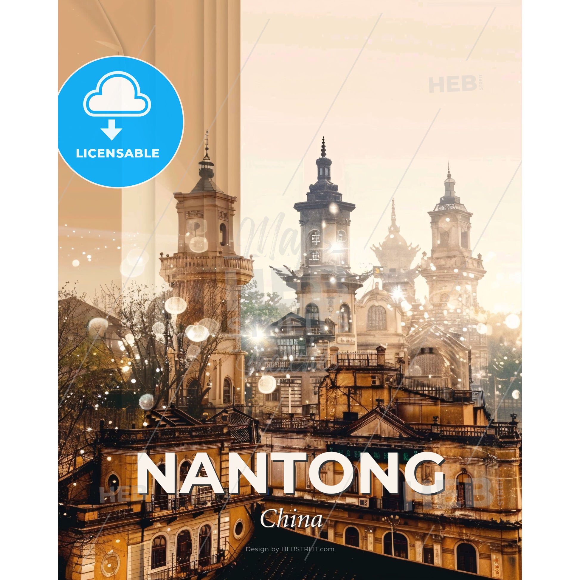 Nantong Architecture Skyline Double Exposure Art Print - A building with towers and trees - Square format print template