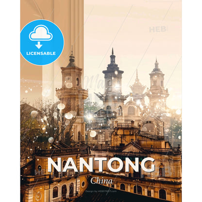 Nantong Architecture Skyline Double Exposure Art Print - A building with towers and trees - Square format print template