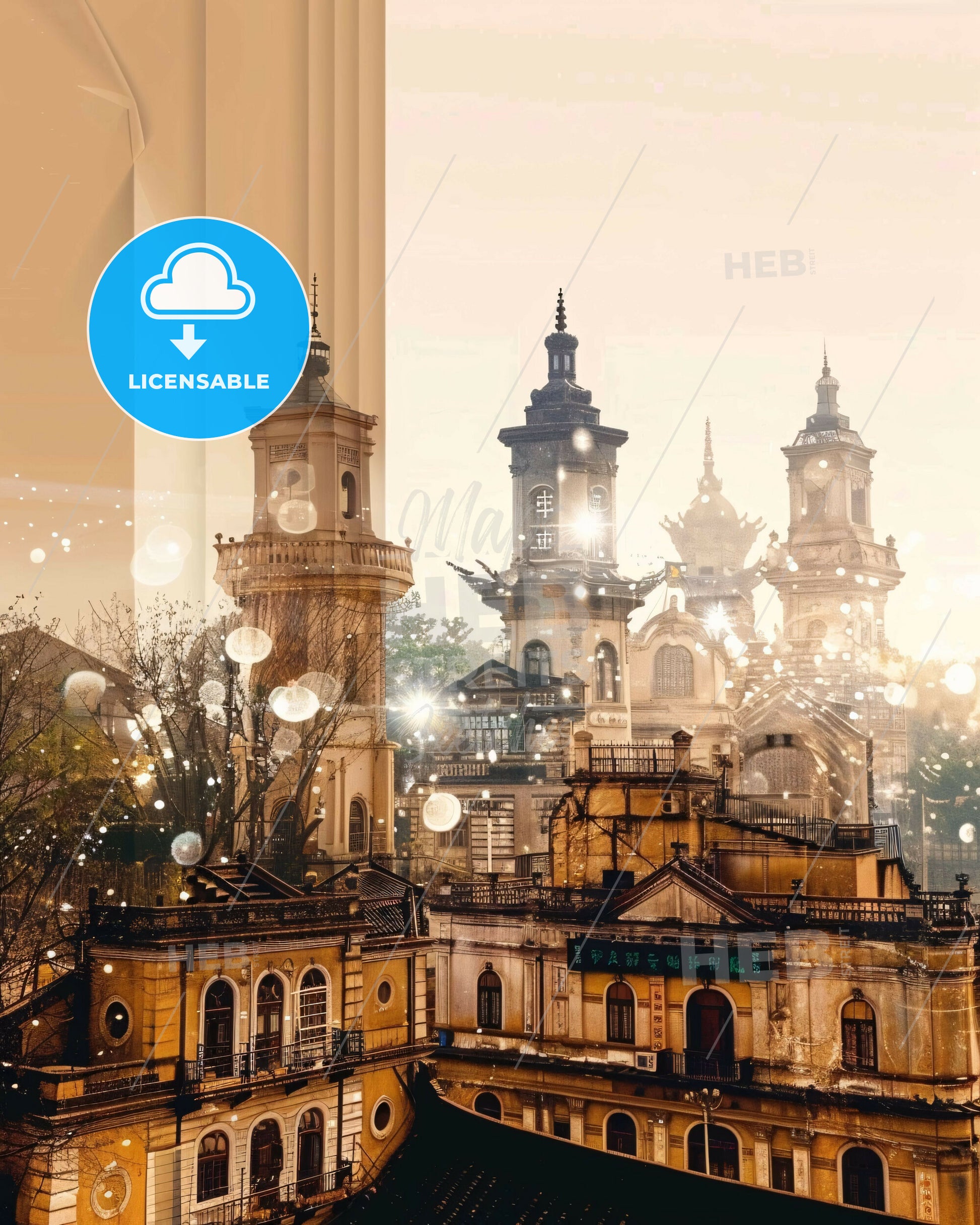 Nantong Architecture Skyline Double Exposure Art Print - A building with towers and trees