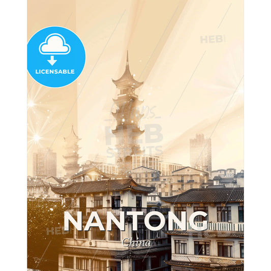 Nantong City Skyline Art Poster, Beige - A city with a tall tower - Square format print template