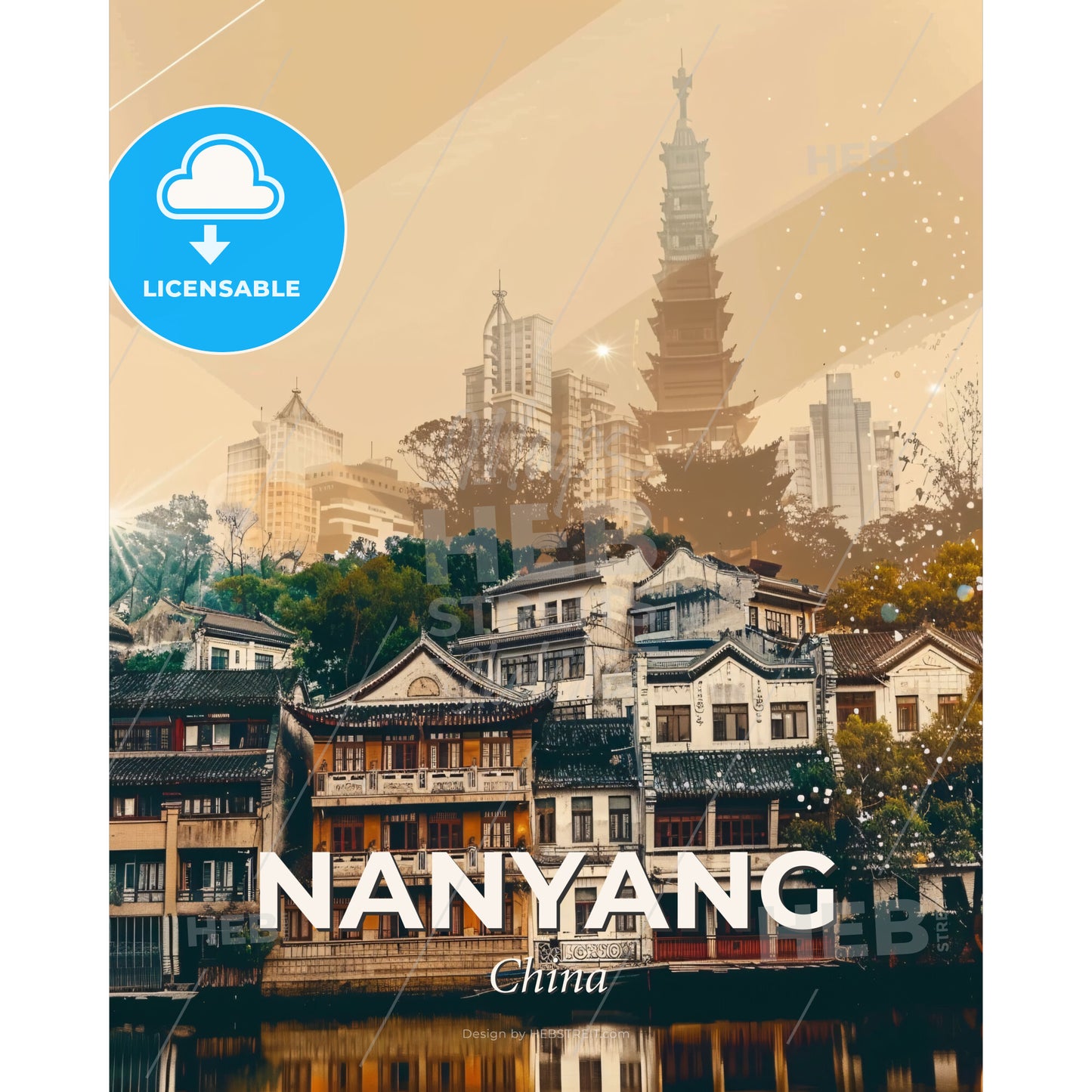 Nanyang Cityscape Poster: Local Colors and Sparkles - A group of buildings with trees and a tall tower in the background - Square format print template