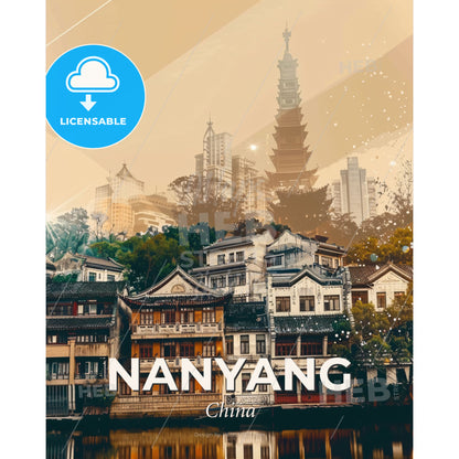 Nanyang Cityscape Poster: Local Colors and Sparkles - A group of buildings with trees and a tall tower in the background - Square format print template