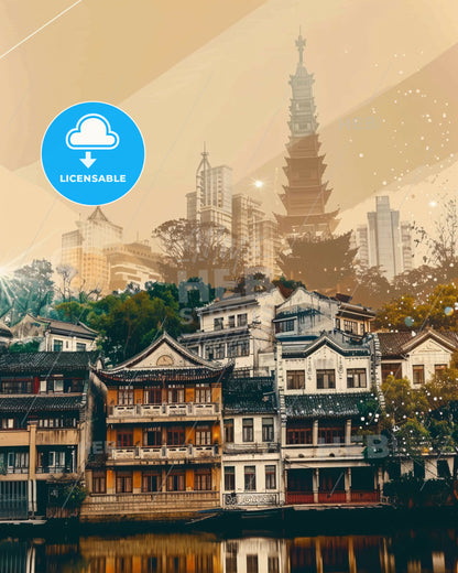 Nanyang Cityscape Poster: Local Colors and Sparkles - A group of buildings with trees and a tall tower in the background