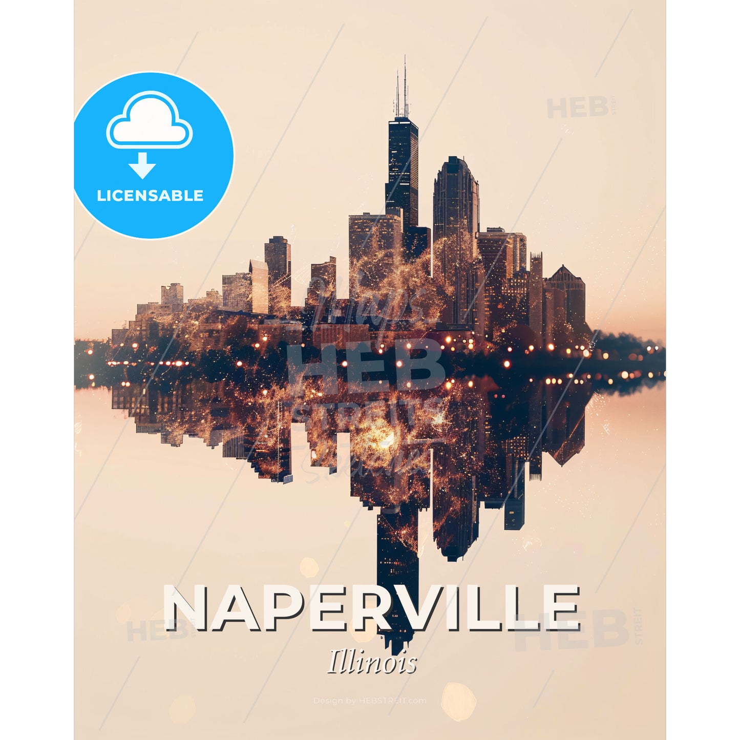 Naperville Skyline Double Exposure Art Bright - A city skyline reflected in water - Square format print template