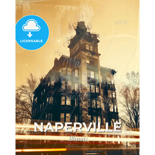 Naperville Cityscape Skyline Lights Sparkle Art Poster - A building with trees in the background - Square format print template