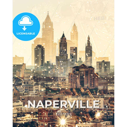 Naperville City Icons Sparkling Skyline Poster - A city with snow falling - Square format print template