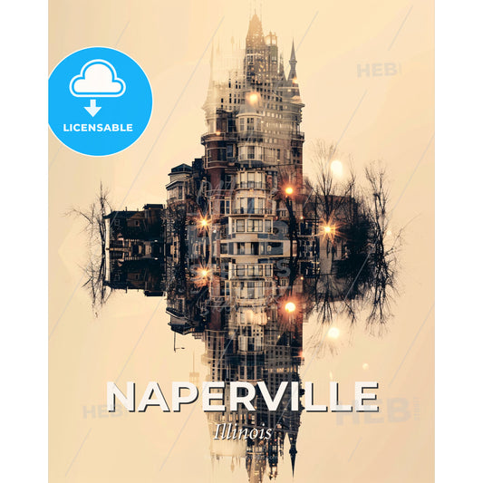 Naperville City Icons Double Exposure Art - A city skyline with a building and trees - Square format print template