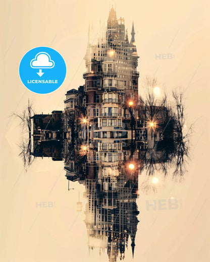 Naperville City Icons Double Exposure Art - A city skyline with a building and trees