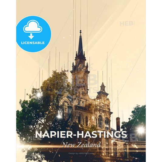 Napier-Hastings Skyline Double Exposure Poster Art - A building with a steeple and trees - Square format print template