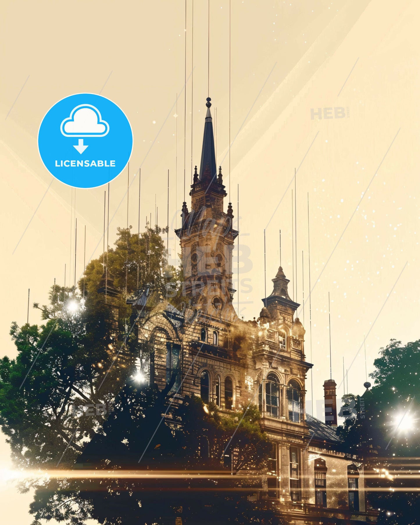 Napier-Hastings Skyline Double Exposure Poster Art - A building with a steeple and trees