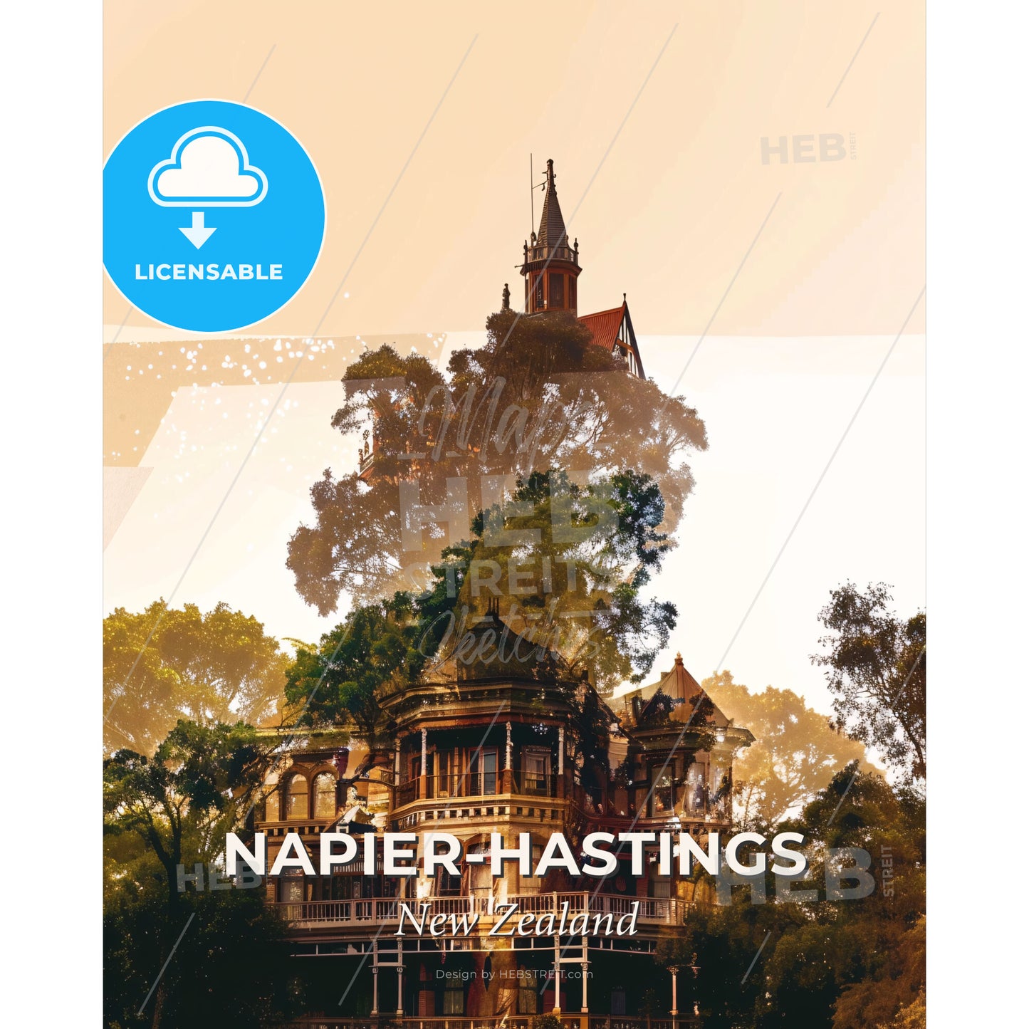 Napier-Hastings Art Skyline Architecture Poster - A house with a tower and trees - Square format print template