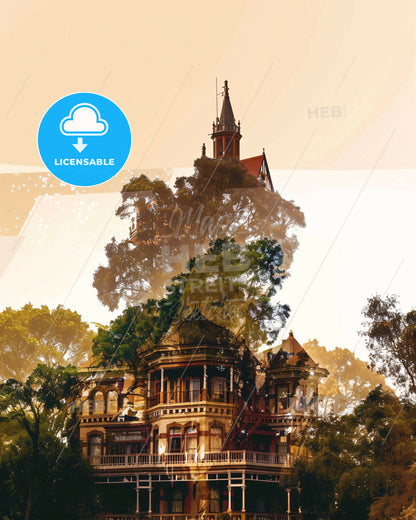 Napier-Hastings Art Skyline Architecture Poster - A house with a tower and trees