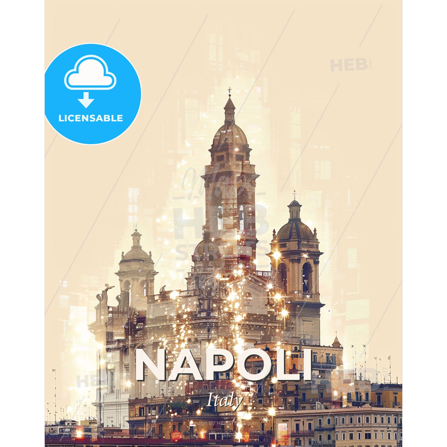 Naples City Lights Composite Art Poster - A building with a tower and a tower - Square format print template
