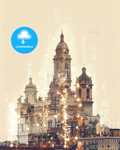 Naples City Lights Composite Art Poster - A building with a tower and a tower