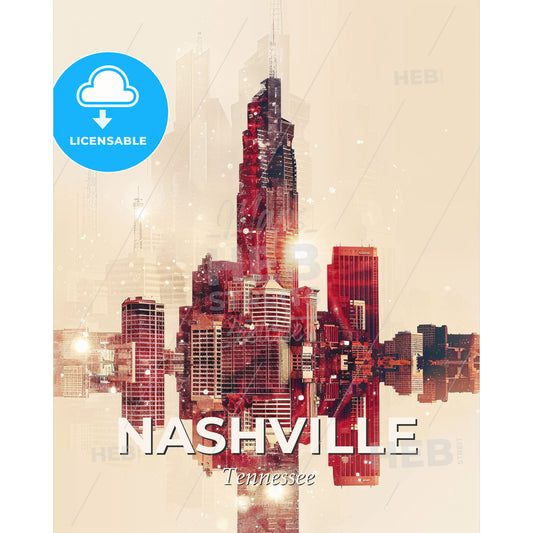 Nashville Icons Cinematic Double Exposure Skyline - A city skyline with many tall buildings - Square format print template