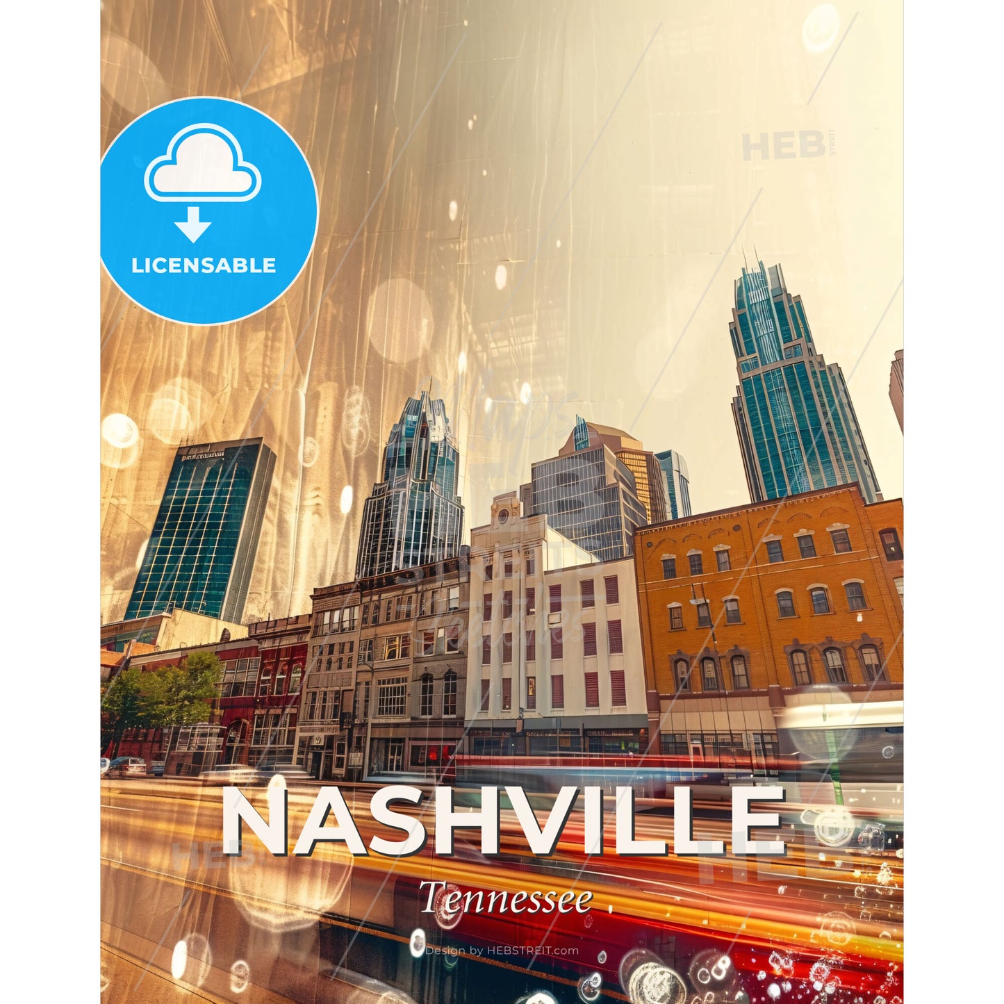 Nashville Iconography Skyline Poster - A city street with buildings and cars - Square format print template