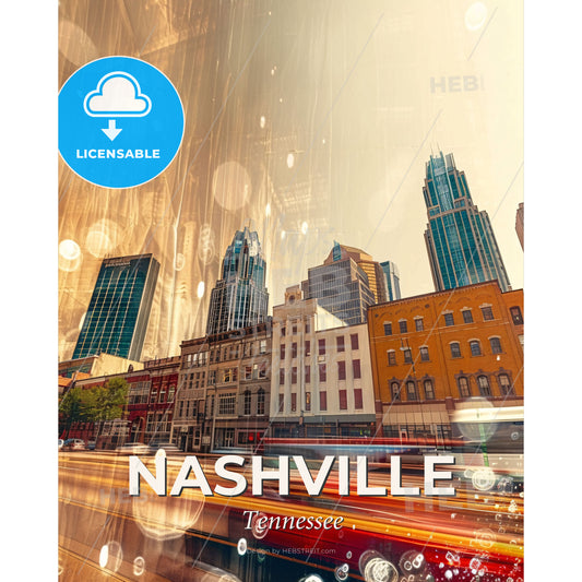 Nashville Iconography Skyline Poster - A city street with buildings and cars - Square format print template