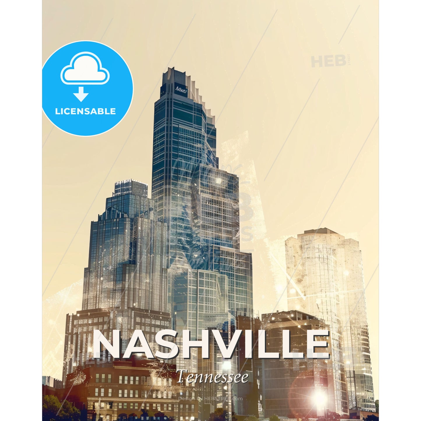 Nashville Sparkle Skyline Composite - A city skyline with many tall buildings - Square format print template
