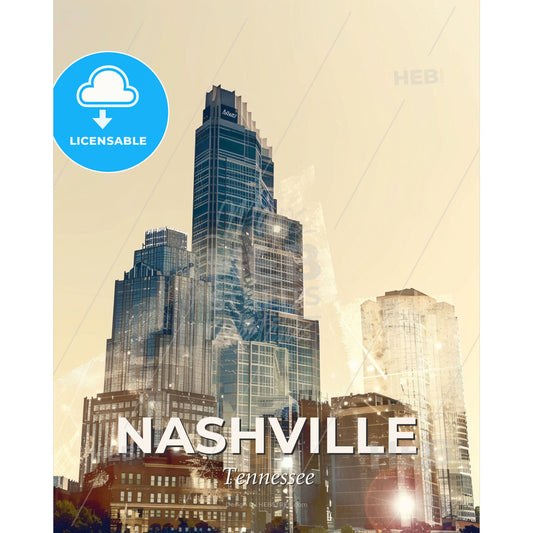 Nashville Sparkle Skyline Composite - A city skyline with many tall buildings - Square format print template