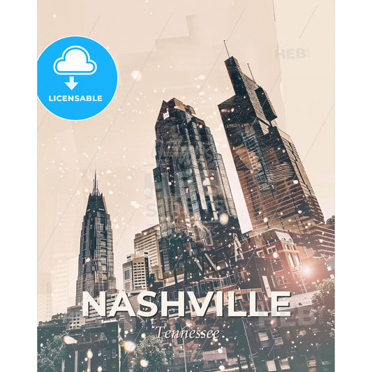Nashville Skyline Cityscape Composite Art Design - A city skyline with many tall buildings - Square format print template