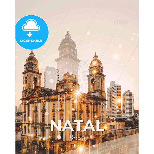 Natal City Art: Sparkle Architecture Over Skyline - A large building with towers and a city skyline - Square format print template