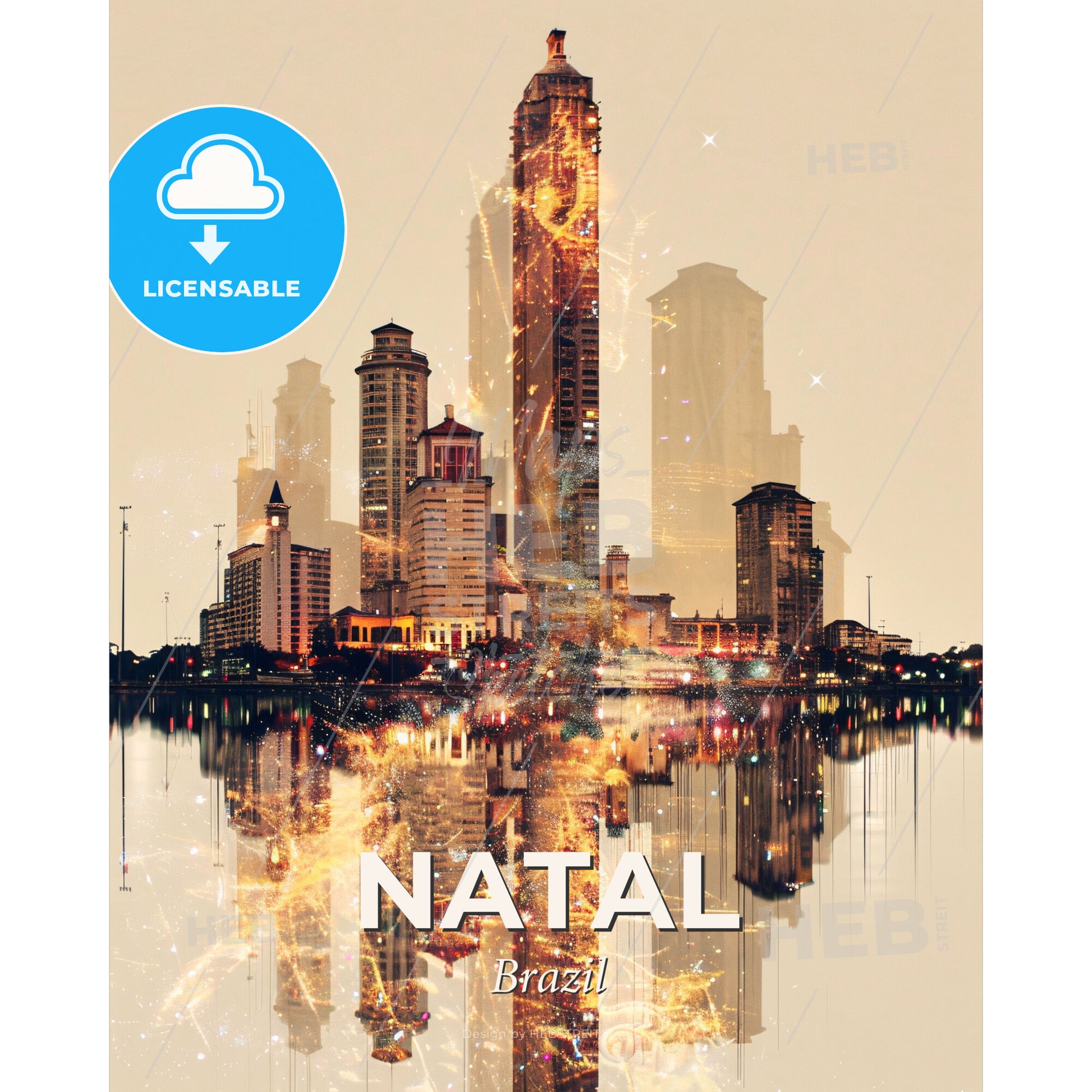 Natal Skyline Double Exposure Art, Iconic Architecture - A city skyline with a reflection of a body of water - Square format print template