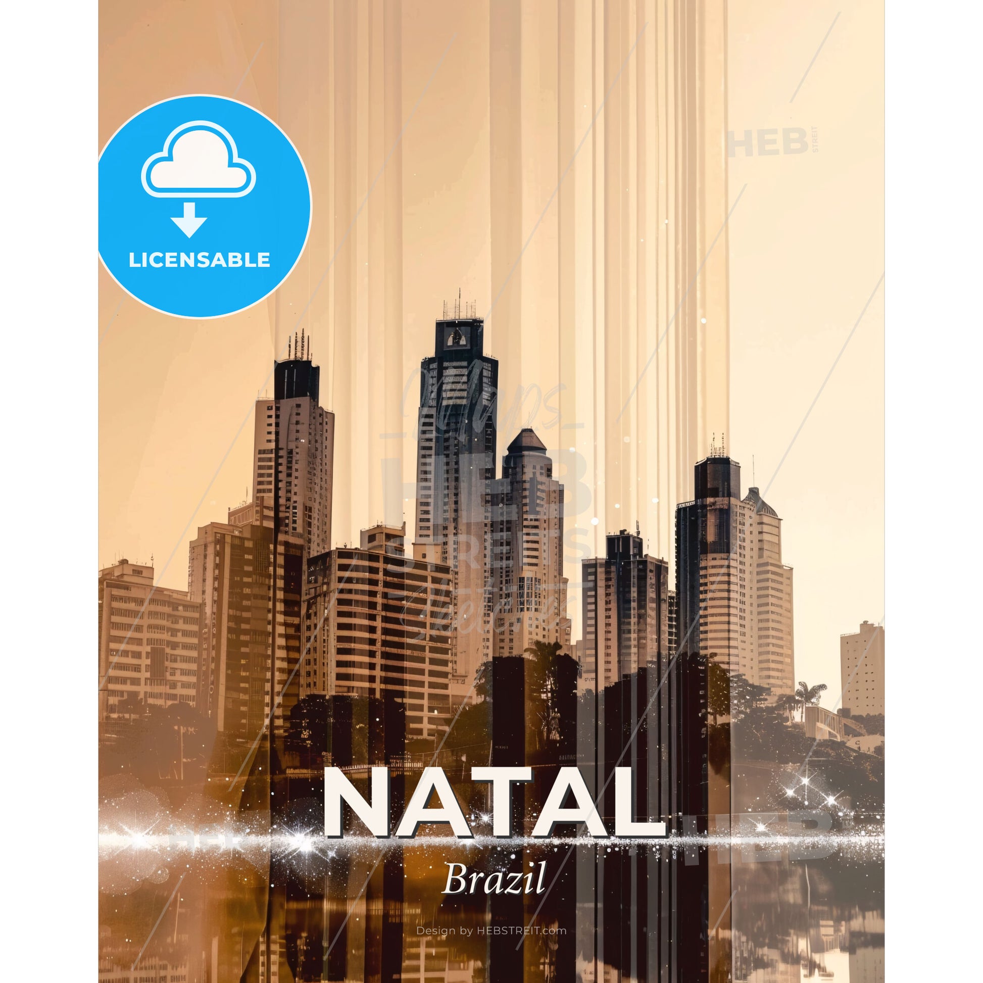 Natal City Skyline Poster Art Local Icons Bright Beige - A city skyline with many tall buildings - Square format print template