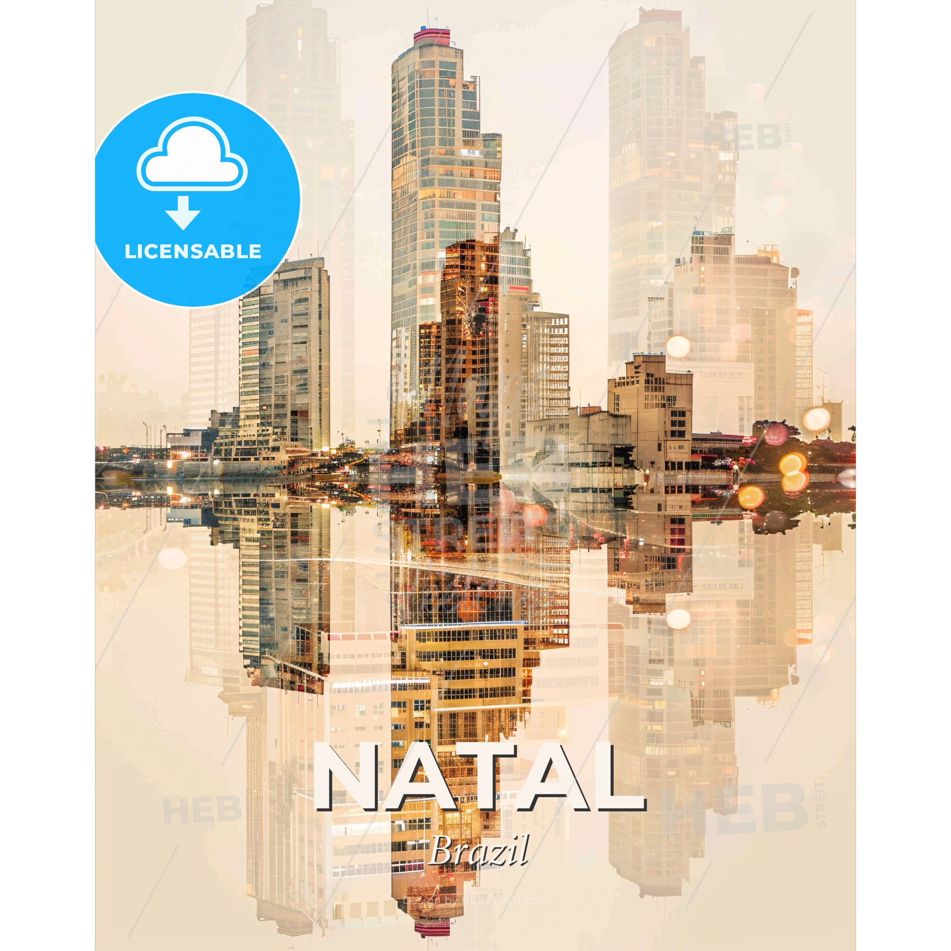 Natal City Skyline Art Deco Poster - A city skyline with lights reflecting on water - Square format print template