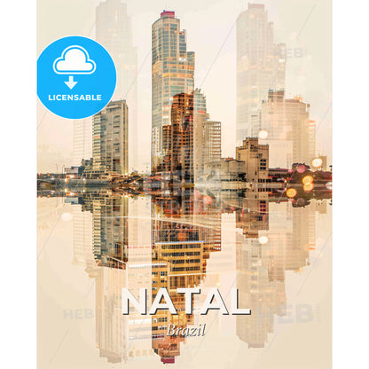 Natal City Skyline Art Deco Poster - A city skyline with lights reflecting on water - Square format print template
