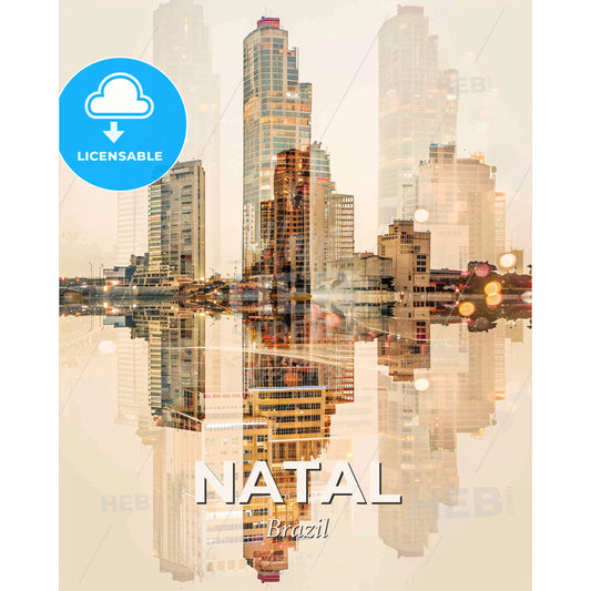 Natal City Skyline Art Deco Poster - A city skyline with lights reflecting on water - Square format print template
