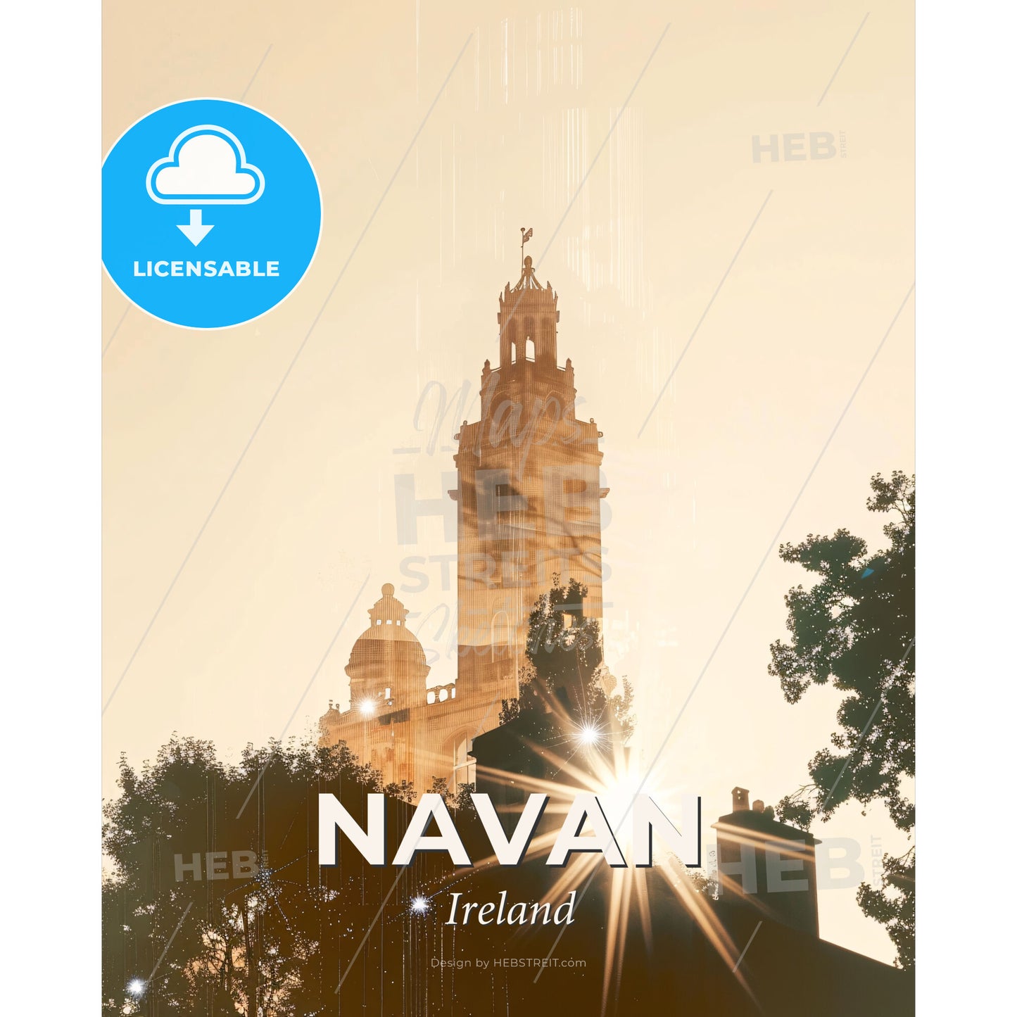 Navan, Ireland Cityscape Double Exposure Poster - Sun shining through trees and a tall building - Square format print template