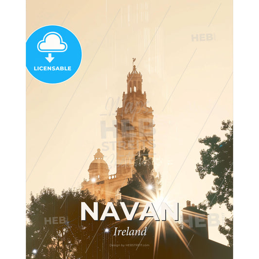 Navan, Ireland Cityscape Double Exposure Poster - Sun shining through trees and a tall building - Square format print template