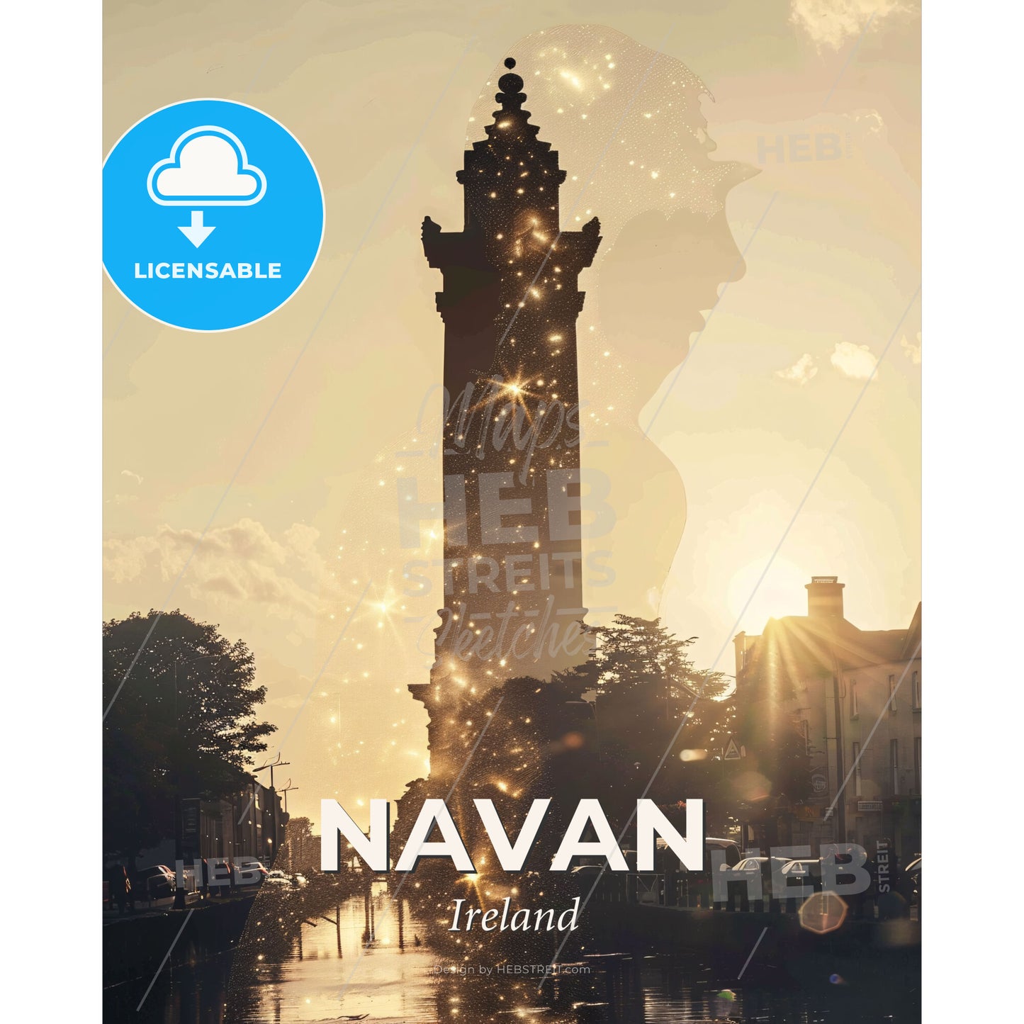 Navan Skyline Cityscape Double Exposure Art - A silhouette of a tall tower with a person's face in the background - Square format print template