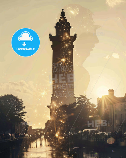 Navan Skyline Cityscape Double Exposure Art - A silhouette of a tall tower with a person's face in the background
