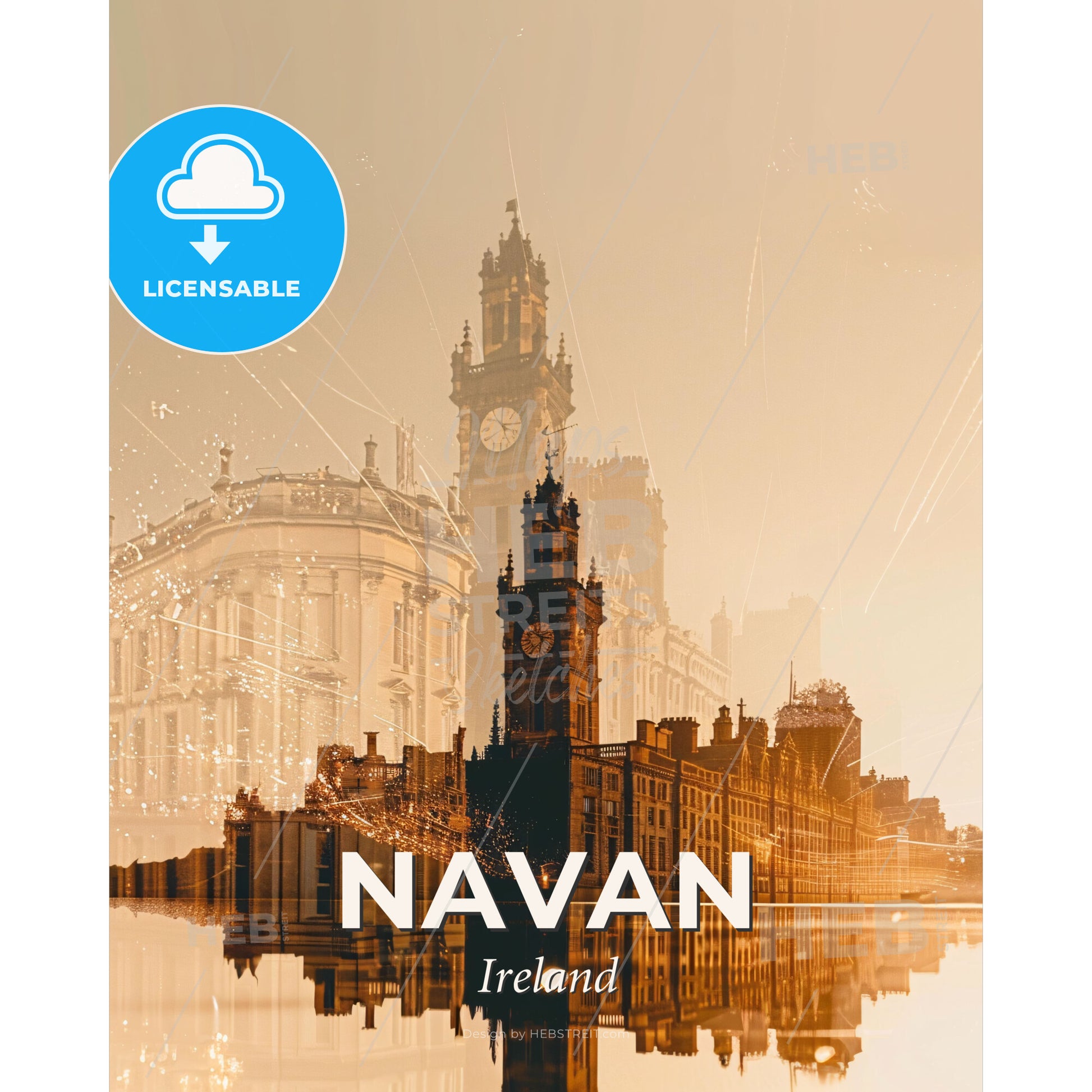 Navan Skyline Double Exposure Art Masterpiece - A city with a clock tower - Square format print template