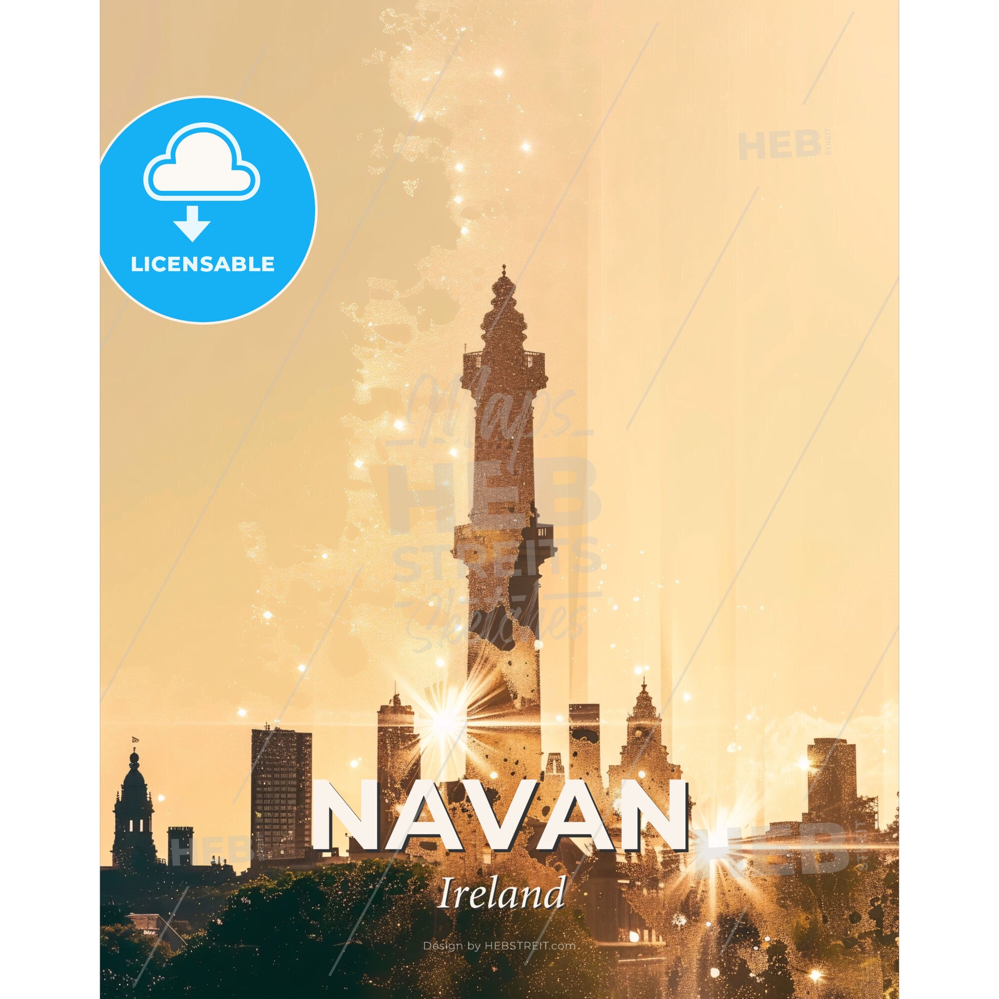 Navan Ireland City Skyline Double Exposure Art Poster - A city skyline with a tall tower - Square format print template