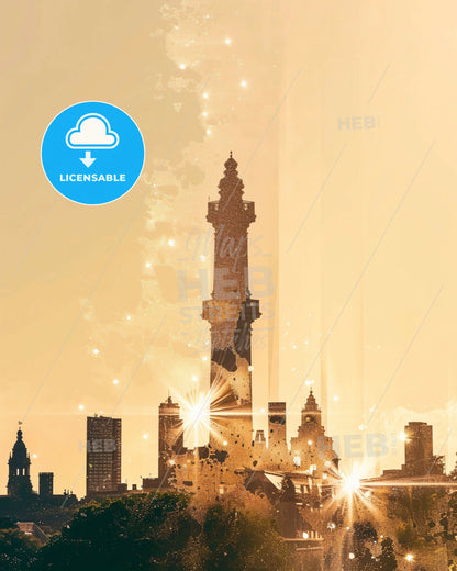 Navan Ireland City Skyline Double Exposure Art Poster - A city skyline with a tall tower