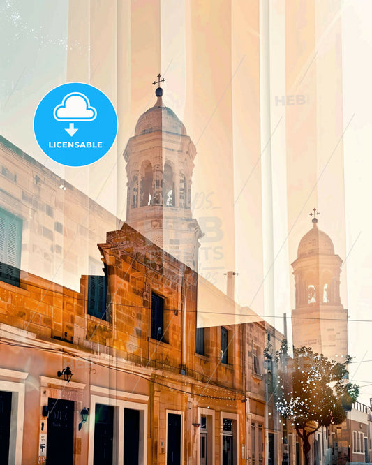 Naxos, Greece Skyline Art: Double Exposure Composite - A building with a bell tower