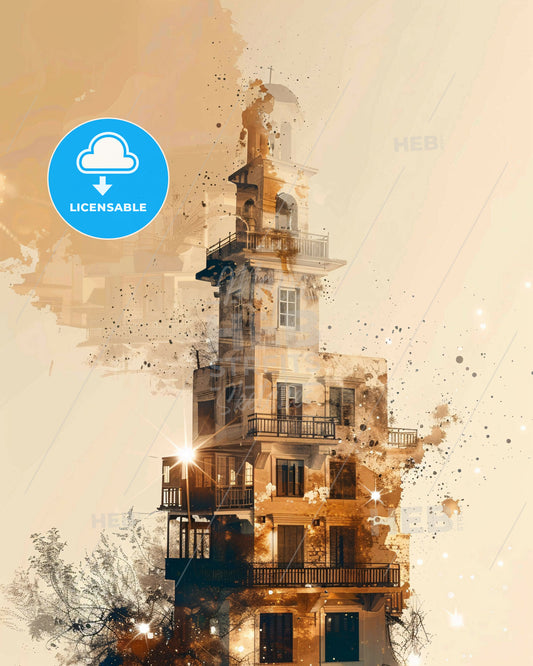 Naxos Greece Double Exposure Skyline Art Print - A building with a tower