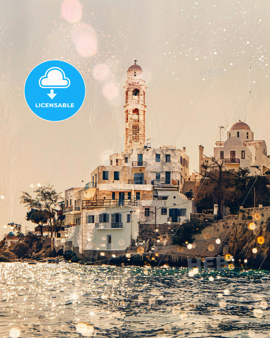 Naxos Skyline Silhouette Composite Poster Art - A building on a hill by water