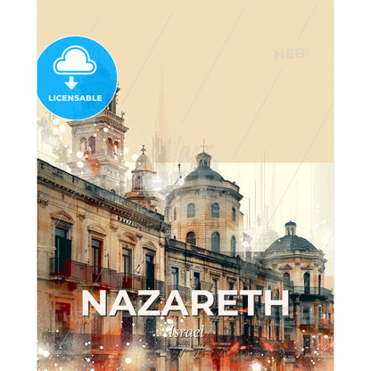Nazareth Skyline Artwork: Local Icons on Beige Paper - A building with a tower - Square format print template