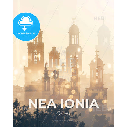 Nea Ionia Greece City Skyline Art Poster - A large building with towers and crosses - Square format print template