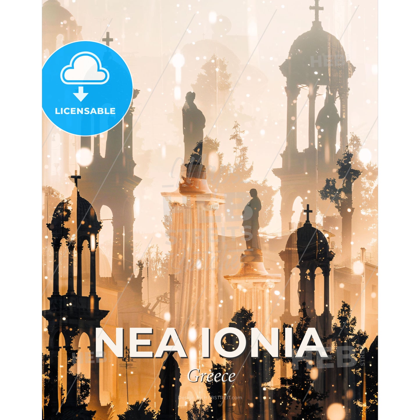 Nea Ionia City Silhouette Poster Art - A group of people standing in front of a fountain - Square format print template