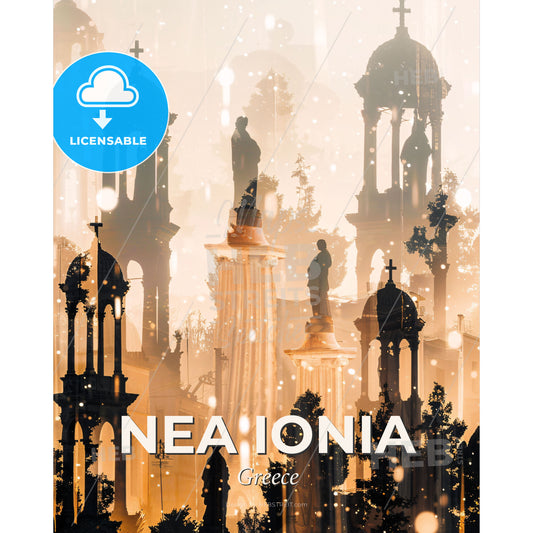 Nea Ionia City Silhouette Poster Art - A group of people standing in front of a fountain - Square format print template