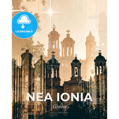 Nea Ionia City Skyline Panorama Art Poster - A building with a cross on top - Square format print template