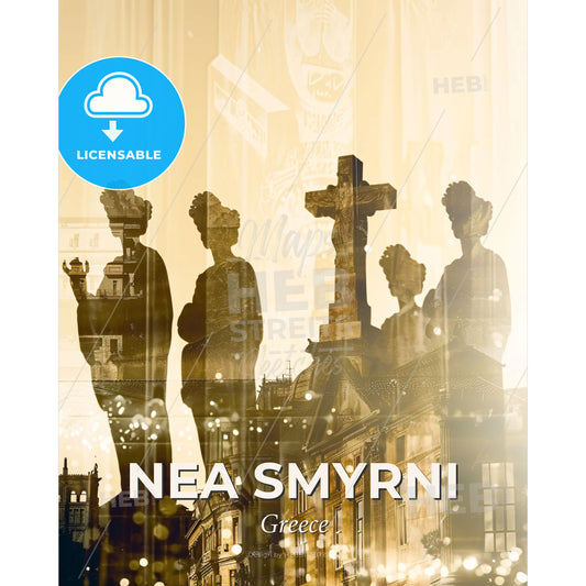 Nea Smyrni Double Exposure Cityscape Skyline Poster - A group of people standing in front of a cross - Square format print template