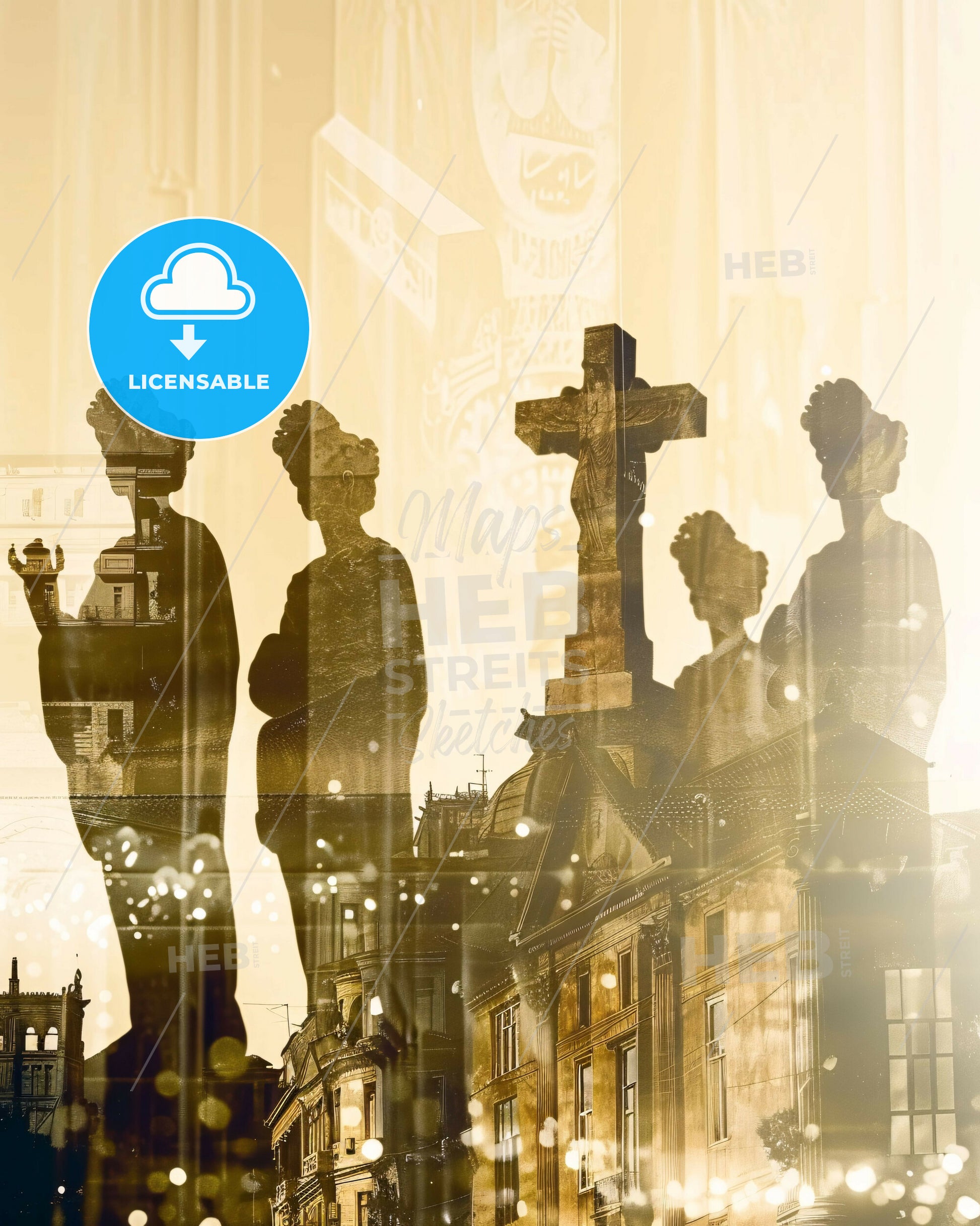 Nea Smyrni Double Exposure Cityscape Skyline Poster - A group of people standing in front of a cross