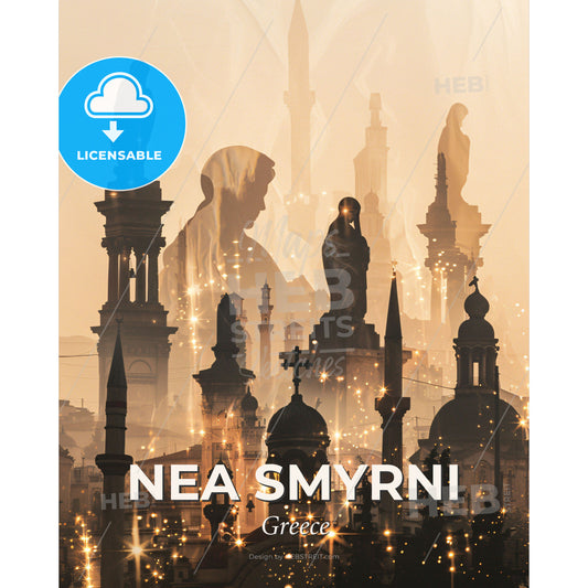 Nea Smyrni Greece Skyline Art Poster - A silhouette of a city with many statues - Square format print template
